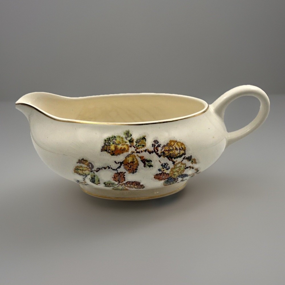 Vintage Crooksville China Gravy Boat Fall Leaves 1041 USA Gold Trim Thanksgiving